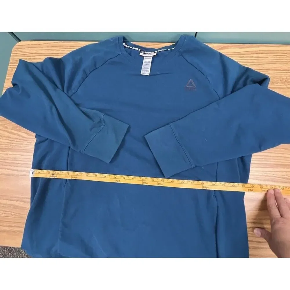 Reebok Women’s Sweatshirt Large Blue Logo Long Sleeve Crew Neck Pockets Athletic